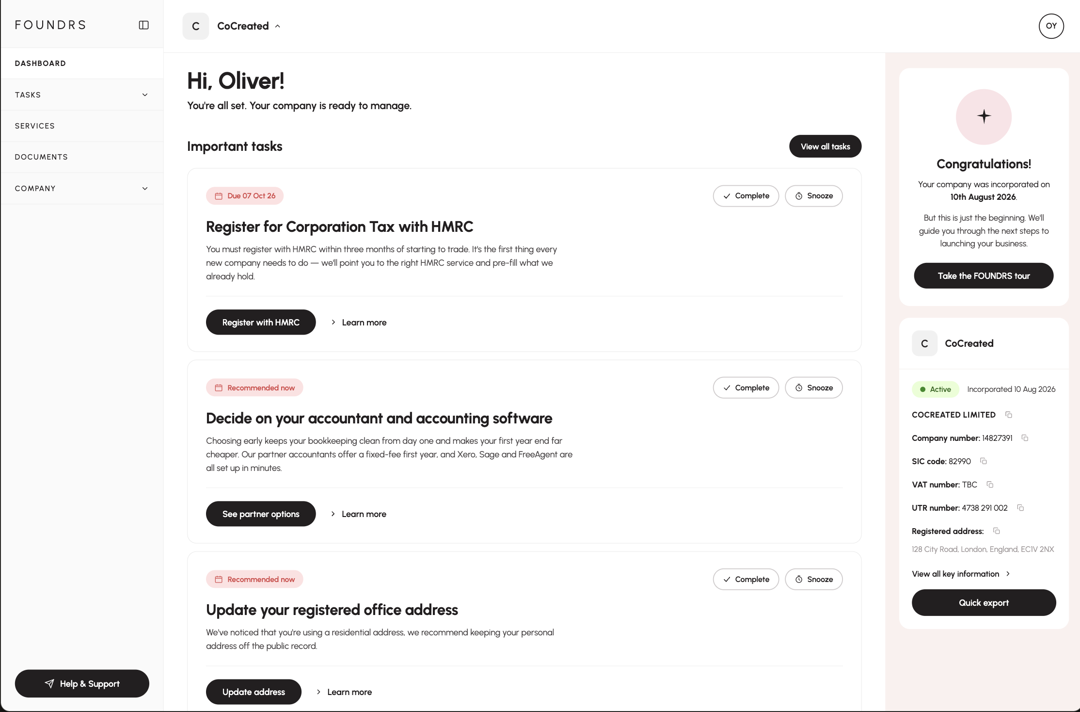 FOUNDRS Compliance Assistant showing important tasks, deadlines and company information