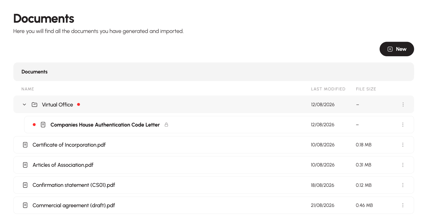 FOUNDRS Documents showing a Companies House Authentication Code Letter in the Virtual Office folder